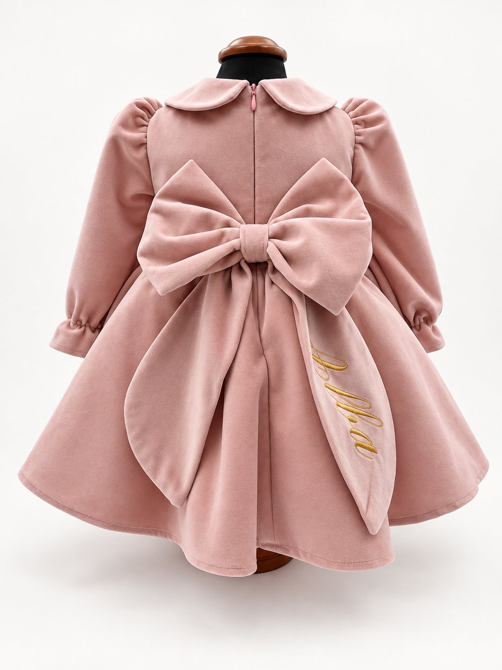 Abito in velluto rosa con fiocco personalizzato