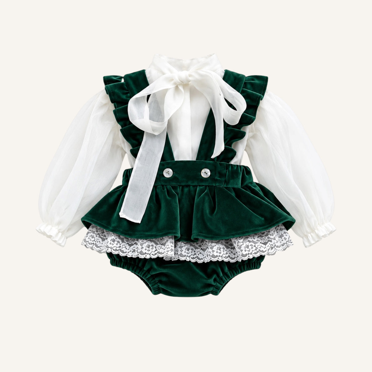 Completo in velluto verde con pizzo