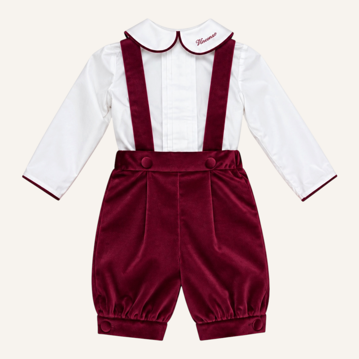 Completo in velluto bordeaux con camicia in cotone personalizzata