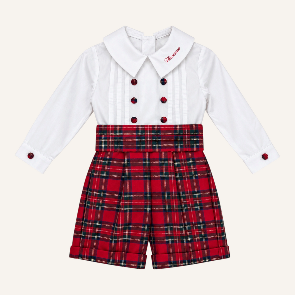Completo in tartan con cintura plisse e camicia in cotone personalizzata