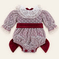Pagliaccetto La Boutique dei Bambini in tulle malva plumetis con colletto in pizzo bianco e fascia in velluto bordeaux