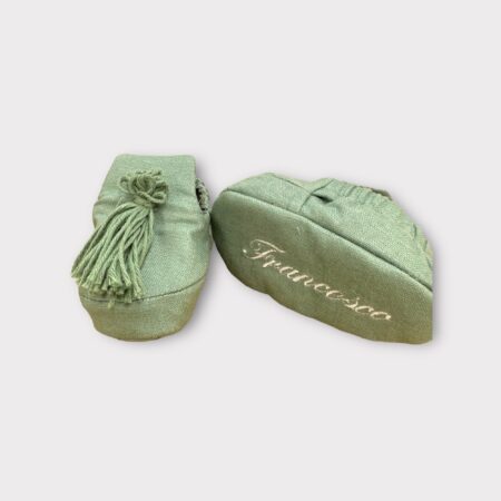 Scarpine in lino verde salvia con nappina