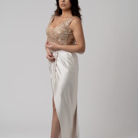 Abito corpetto perline e gonna drappeggiata in seta