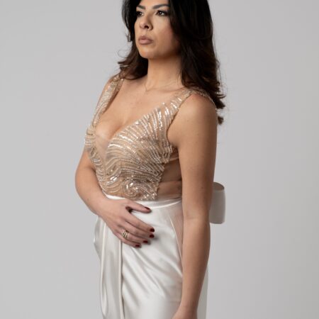 Abito corpetto perline e gonna drappeggiata in seta