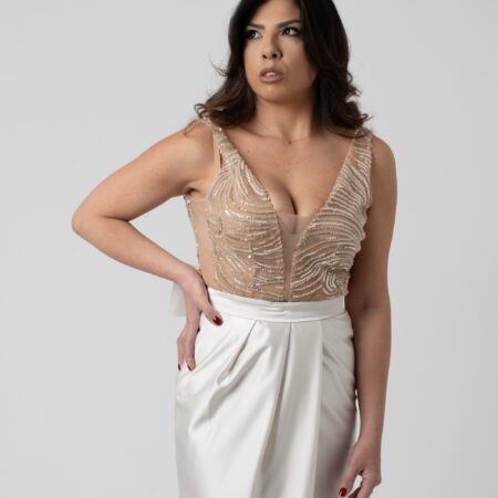 Abito corpetto perline e gonna drappeggiata in seta