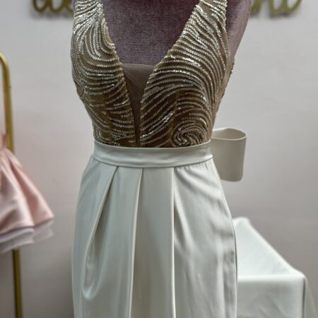 Abito corpetto perline e gonna drappeggiata in seta