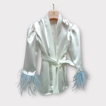 Kimono in seta con piume azzurre