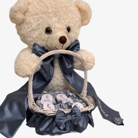 Peluche bianco con fiocco con code personalizzato e cesta vuota foderato