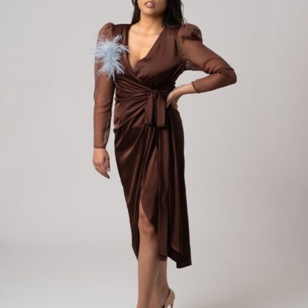 Abito in seta marrone con manica in chiffon e spilla in piume di struzzo