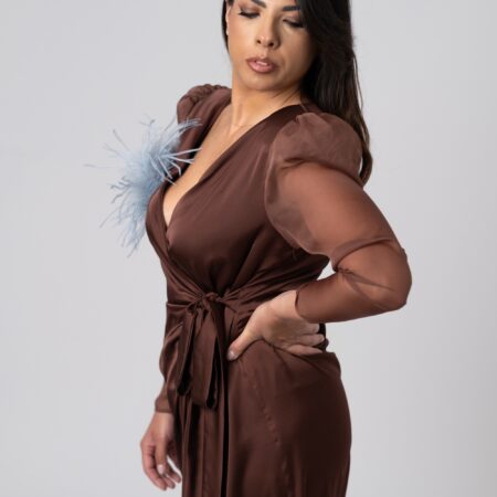Abito in seta marrone con manica in chiffon e spilla in piume di struzzo