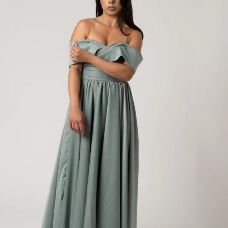Abito in seta verde salvia con incrocio avanti e fiocco dietro
