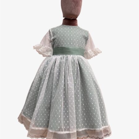 Abito in tulle pois base verde salvia e cintura con fiocco personalizzata