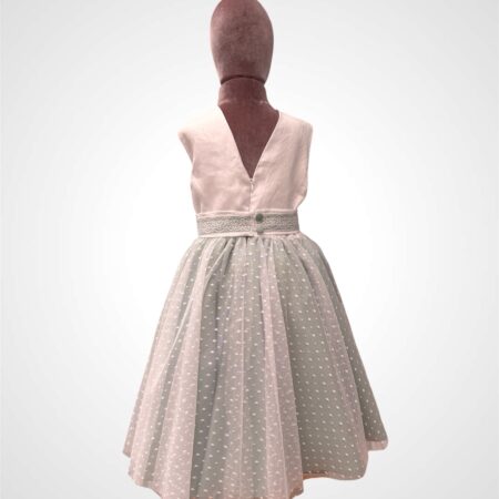 Abito in lino con gonna in tulle pois e cintura