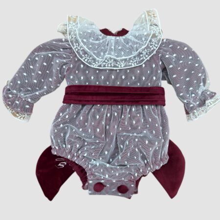 Pagliaccetto in velluto bordeaux con tulle pois