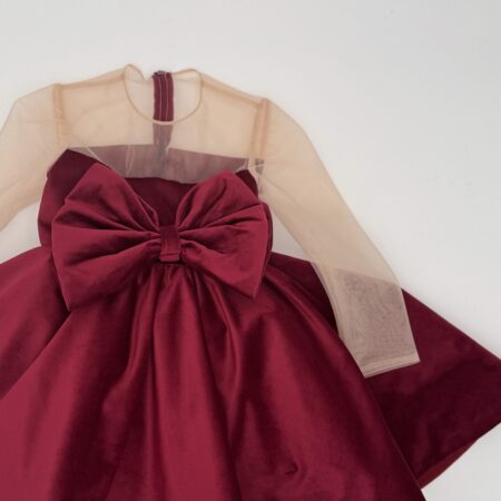 Abito bimba in velluto bordeaux fiocco avanti e scollatura in tulle