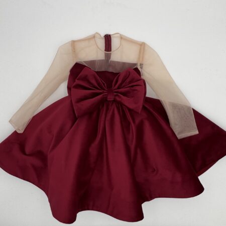 Abito bimba in velluto bordeaux fiocco avanti e scollatura in tulle