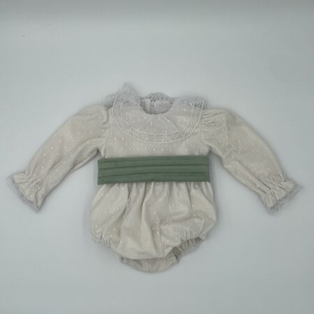 Pagliaccetto in velluto rivestito in tulle pois con cintura verde salvia