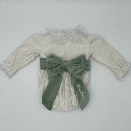 Pagliaccetto in velluto rivestito in tulle pois con cintura verde salvia