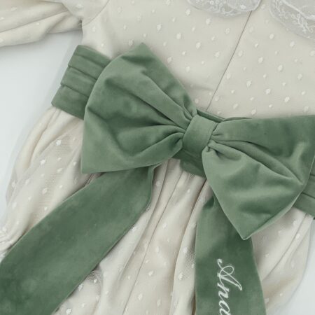 Pagliaccetto in velluto rivestito in tulle pois con cintura verde salvia
